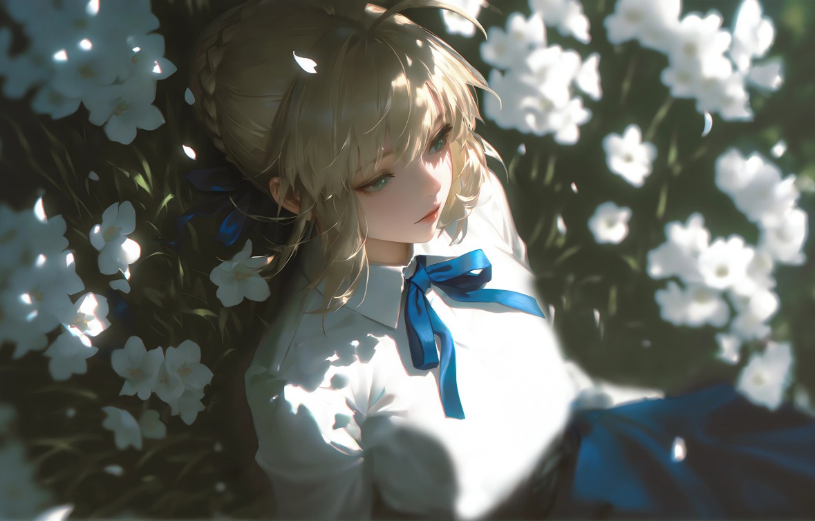 唯美动漫少女白花丛光影4K壁纸