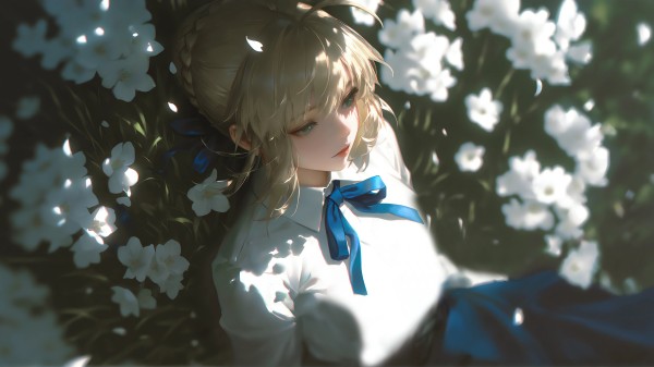 唯美动漫少女白花丛光影4K壁纸