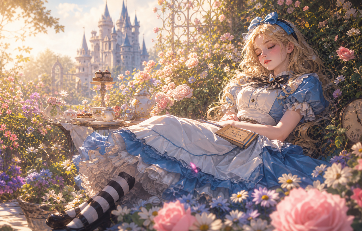梦幻童话爱丽丝 午后花园沉睡 4k壁纸 3840x2160