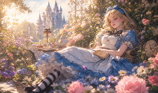 梦幻童话爱丽丝 午后花园沉睡 4k壁纸 3840x2160