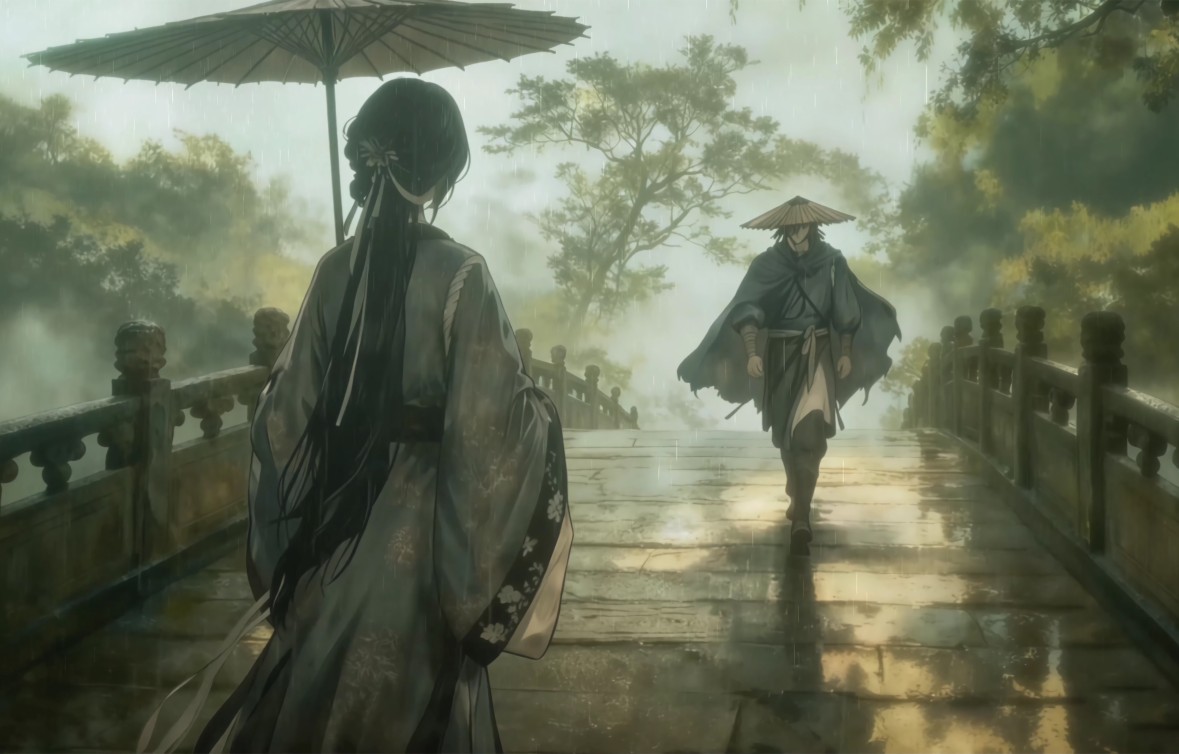 古风雨中相遇，唯美武侠意境4K壁纸 3840x2160